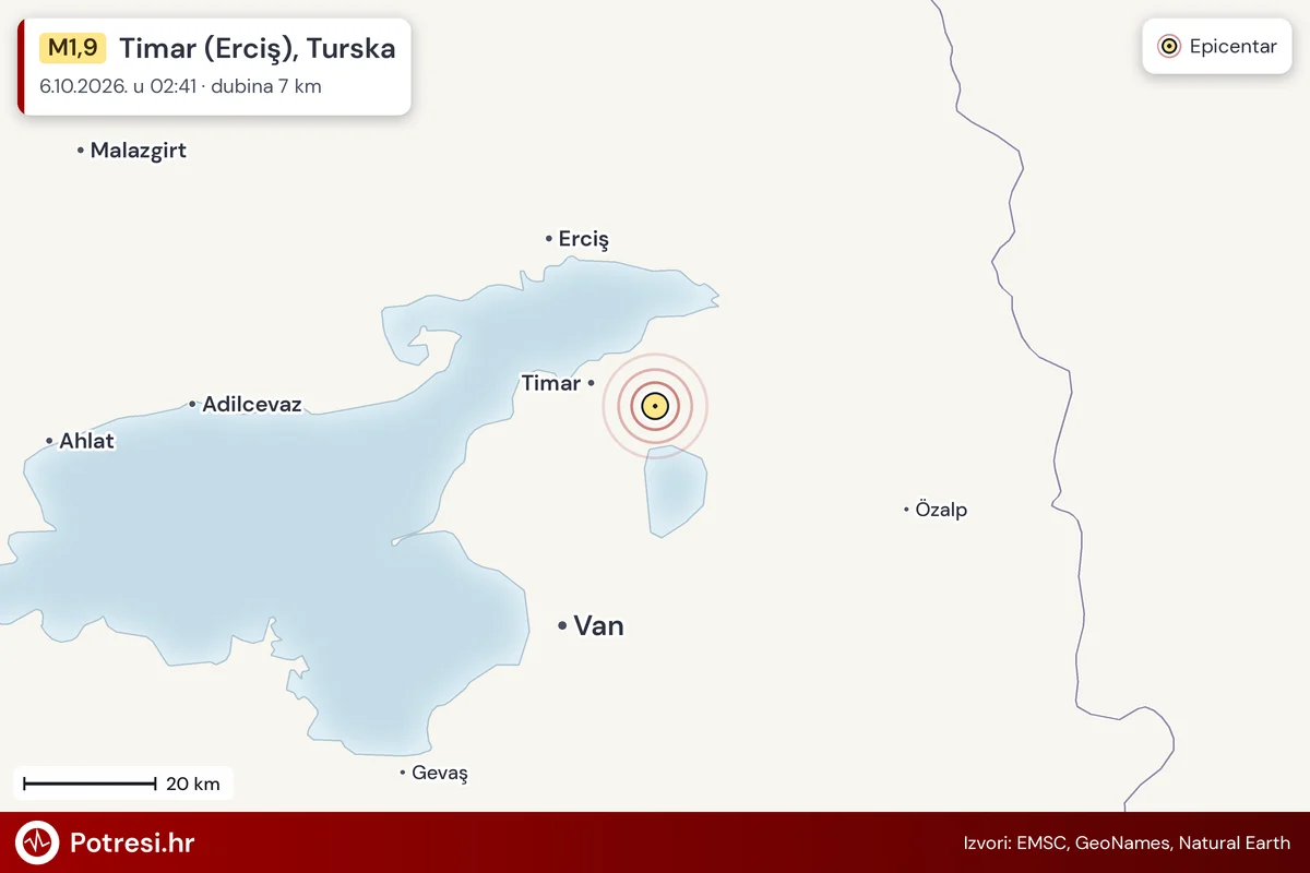 Karta: šire područje i vjerojatni doseg osjeta, potres M1,9, Timar (Erciş), Turska, 6.10.2026.