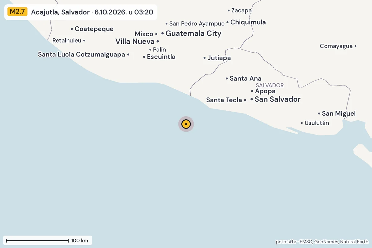 Karta: šire područje, 600 km, potres M2,7, Acajutla, Salvador, 6.10.2026.