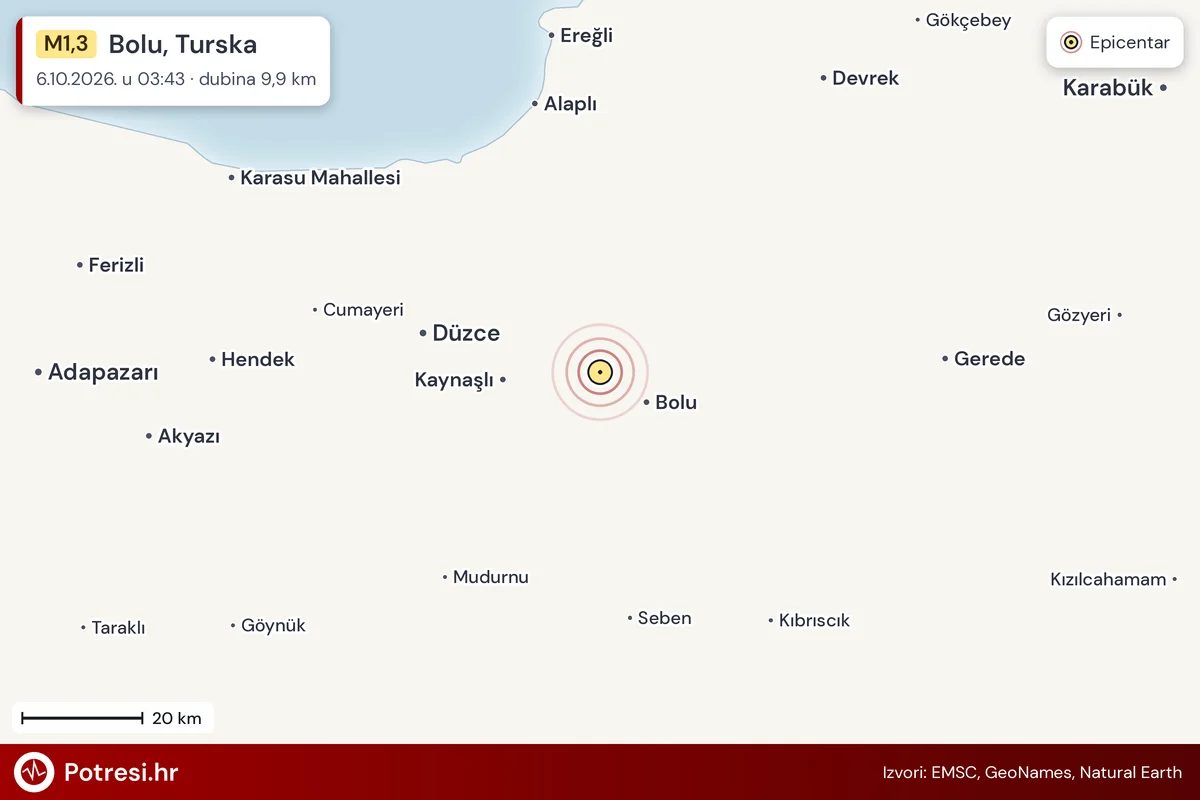 Karta: šire područje i vjerojatni doseg osjeta, potres M1,3, Bolu, Turska, 6.10.2026.