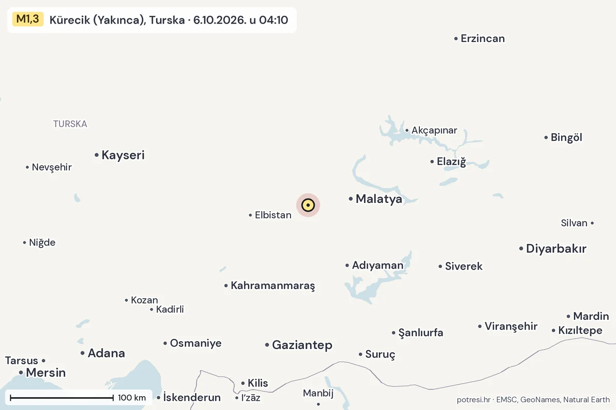 Karta: šire područje, 600 km, potres M1,3, Kürecik (Yakınca), Turska, 6.10.2026.
