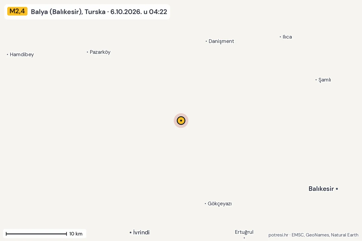 Karta: okolica epicentra, 60 km, potres M2,4, Balya (Balıkesir), Turska, 6.10.2026.