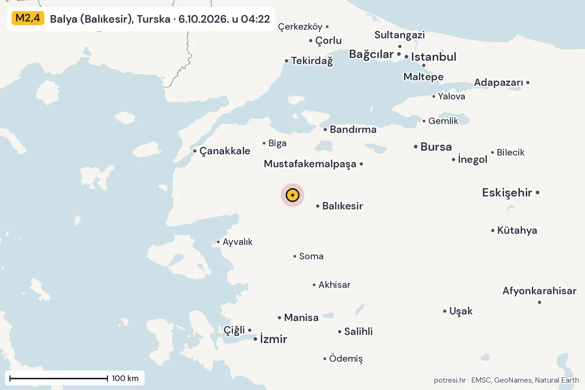 Karta: šire područje, 600 km, potres M2,4, Balya (Balıkesir), Turska, 6.10.2026.