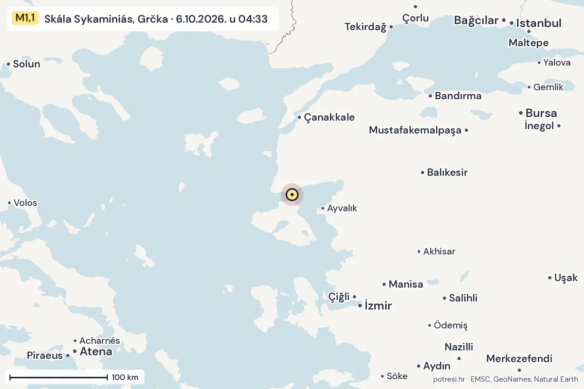 Karta: šire područje, 600 km, potres M1,1, Skála Sykaminiás, Grčka, 6.10.2026.