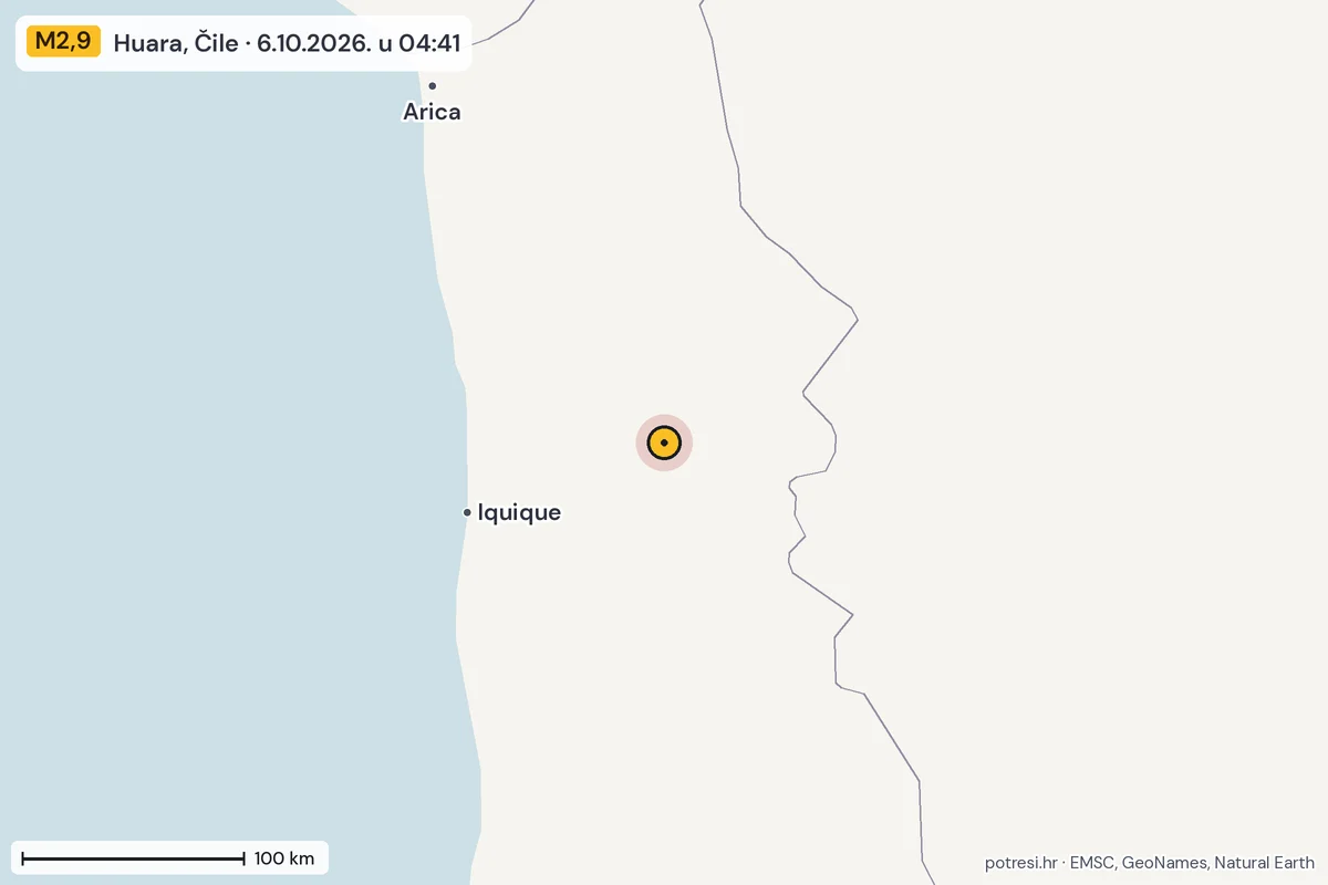 Karta: šire područje, 600 km, potres M2,9, Huara, Čile, 6.10.2026.