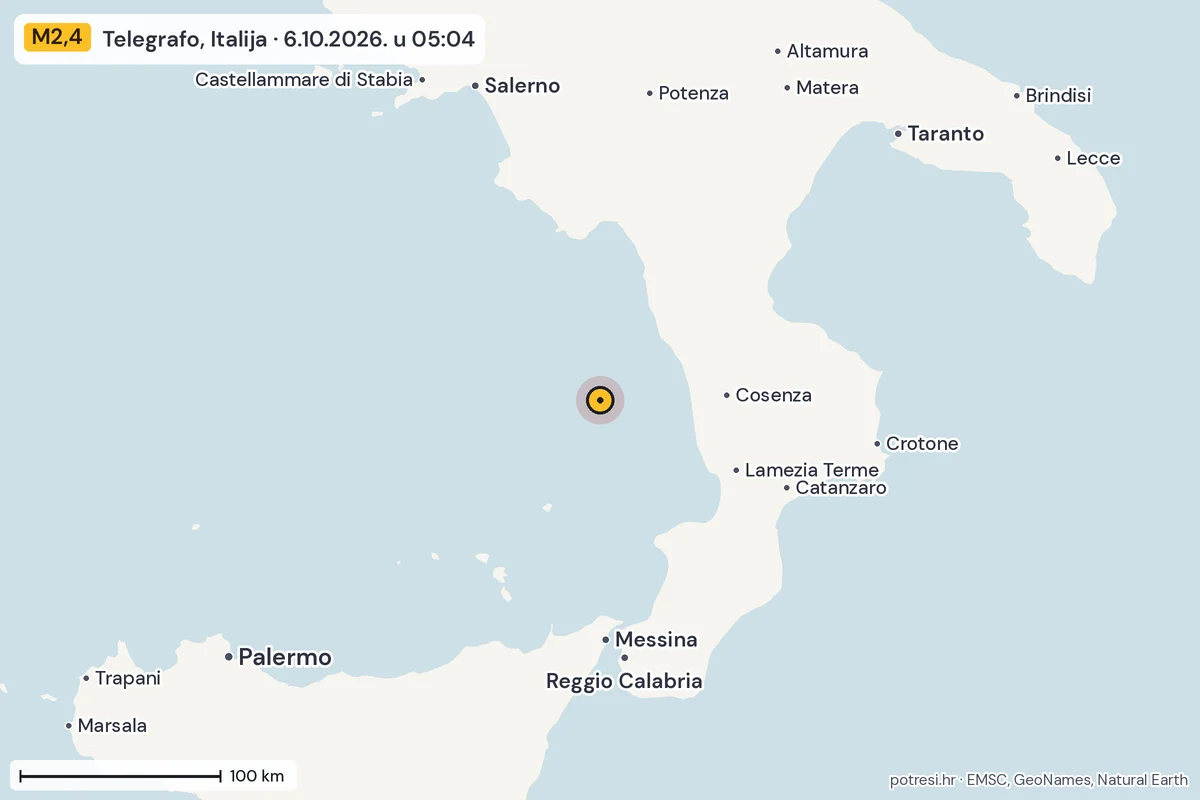 Karta: šire područje, 600 km, potres M2,4, Telegrafo, Italija, 6.10.2026.