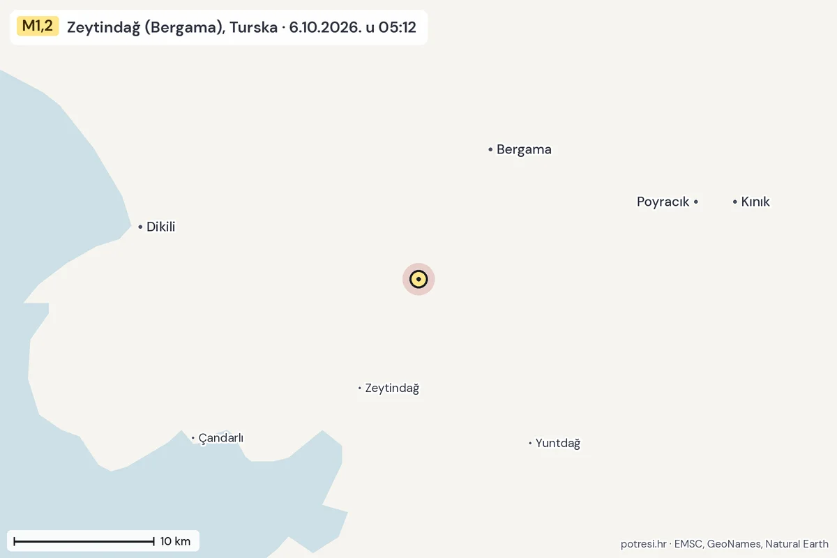 Karta: okolica epicentra, 60 km, potres M1,2, Zeytindağ (Bergama), Turska, 6.10.2026.