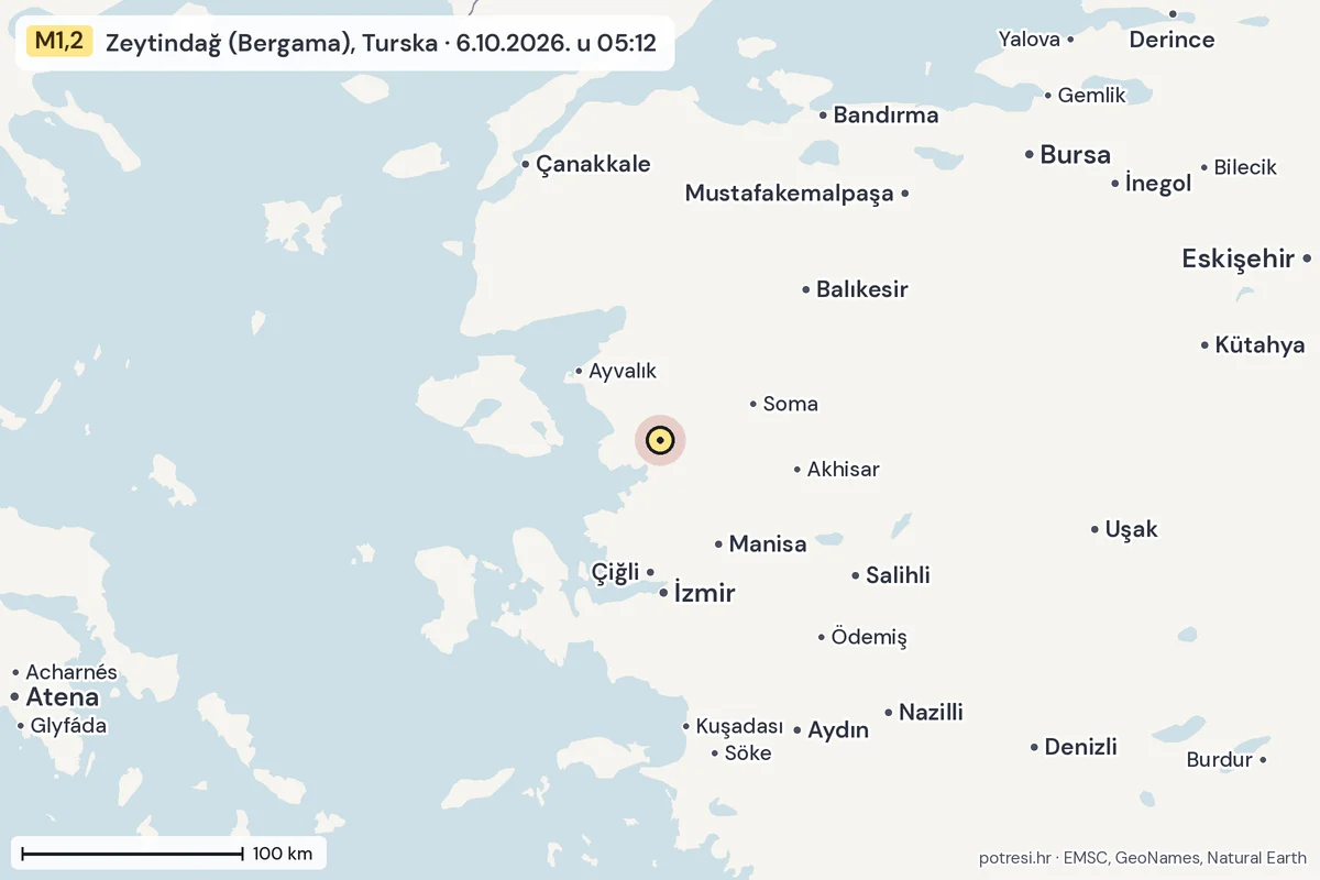 Karta: šire područje, 600 km, potres M1,2, Zeytindağ (Bergama), Turska, 6.10.2026.