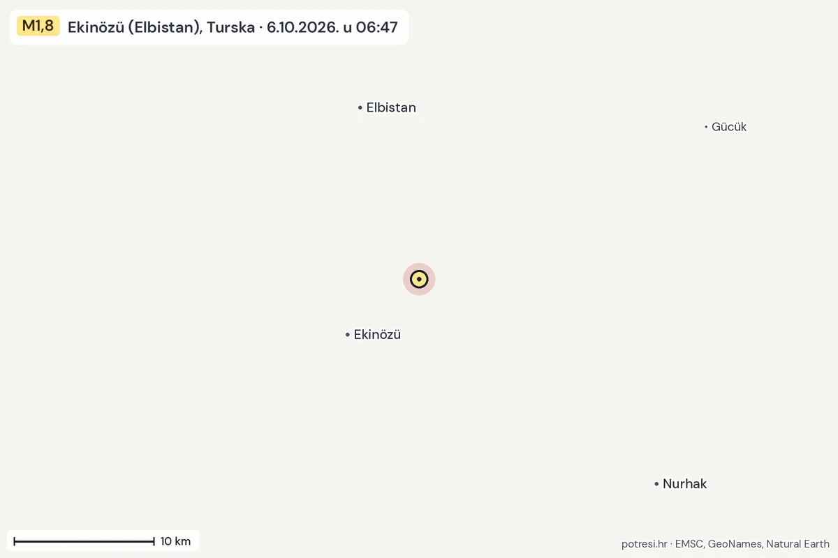 Karta: okolica epicentra, 60 km, potres M1,8, Ekinözü (Elbistan), Turska, 6.10.2026.
