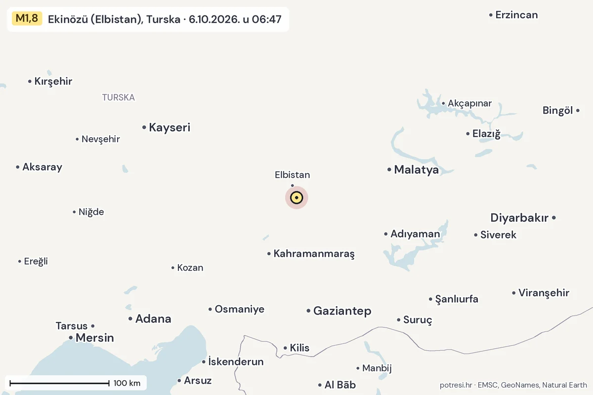 Karta: šire područje, 600 km, potres M1,8, Ekinözü (Elbistan), Turska, 6.10.2026.