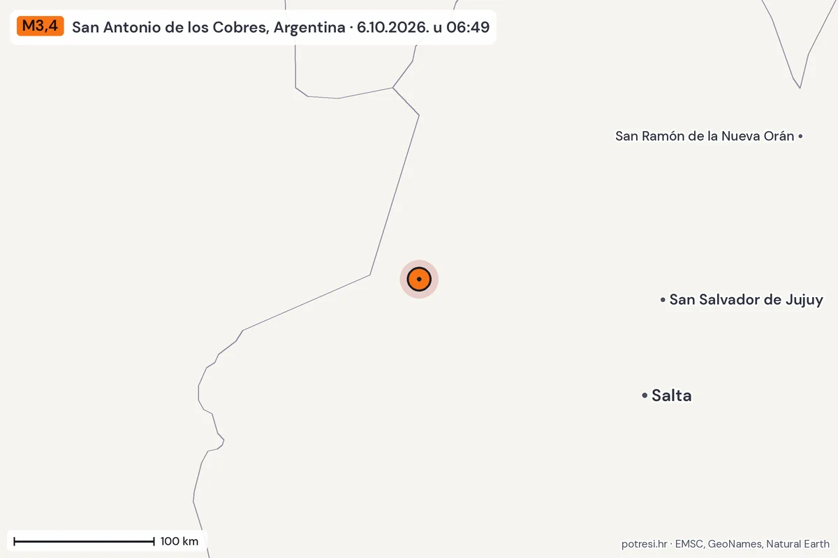 Karta: šire područje, 600 km, potres M3,4, San Antonio de los Cobres, Argentina, 6.10.2026.