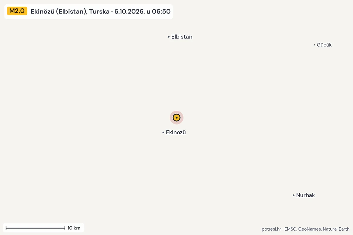 Karta: okolica epicentra, 60 km, potres M2,0, Ekinözü (Elbistan), Turska, 6.10.2026.
