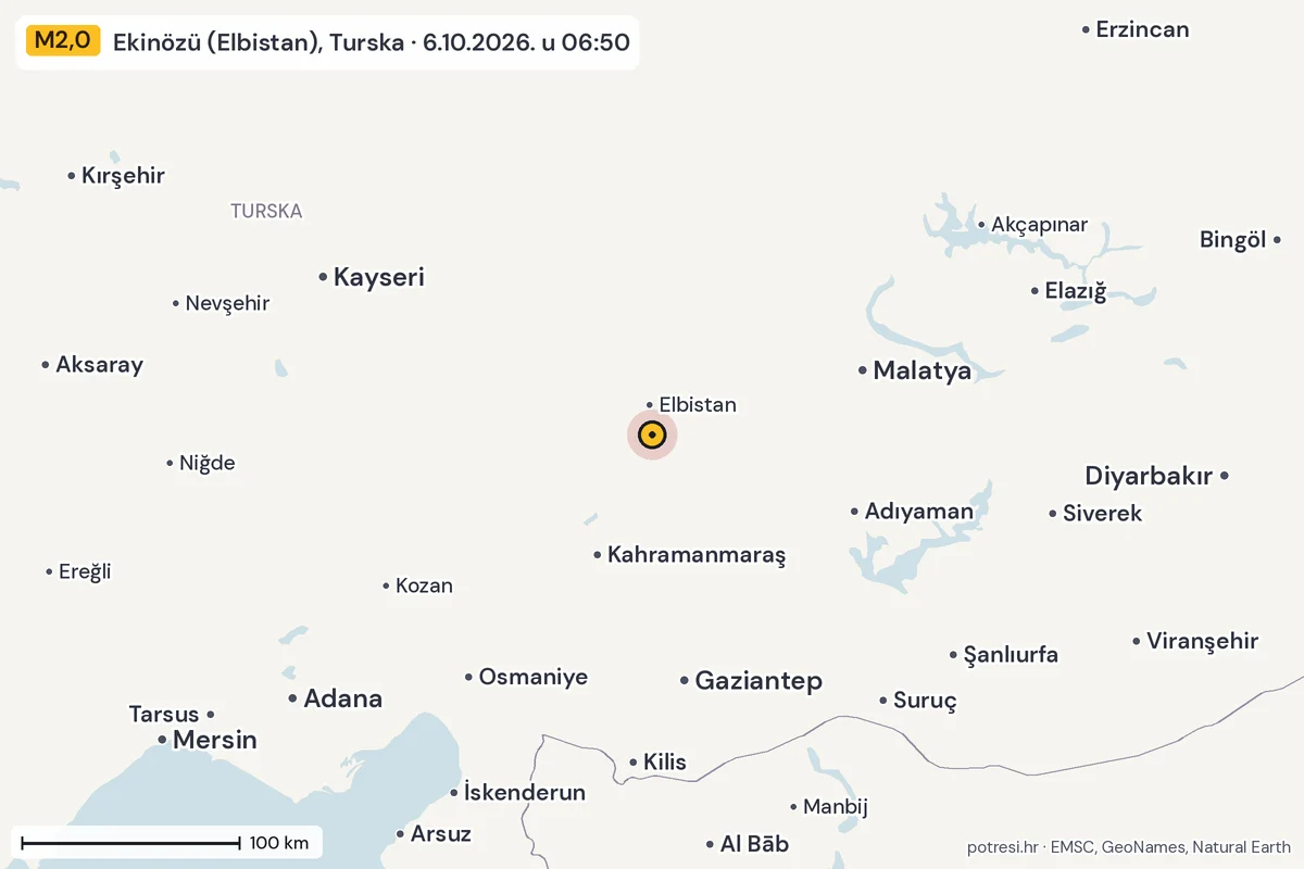 Karta: šire područje, 600 km, potres M2,0, Ekinözü (Elbistan), Turska, 6.10.2026.