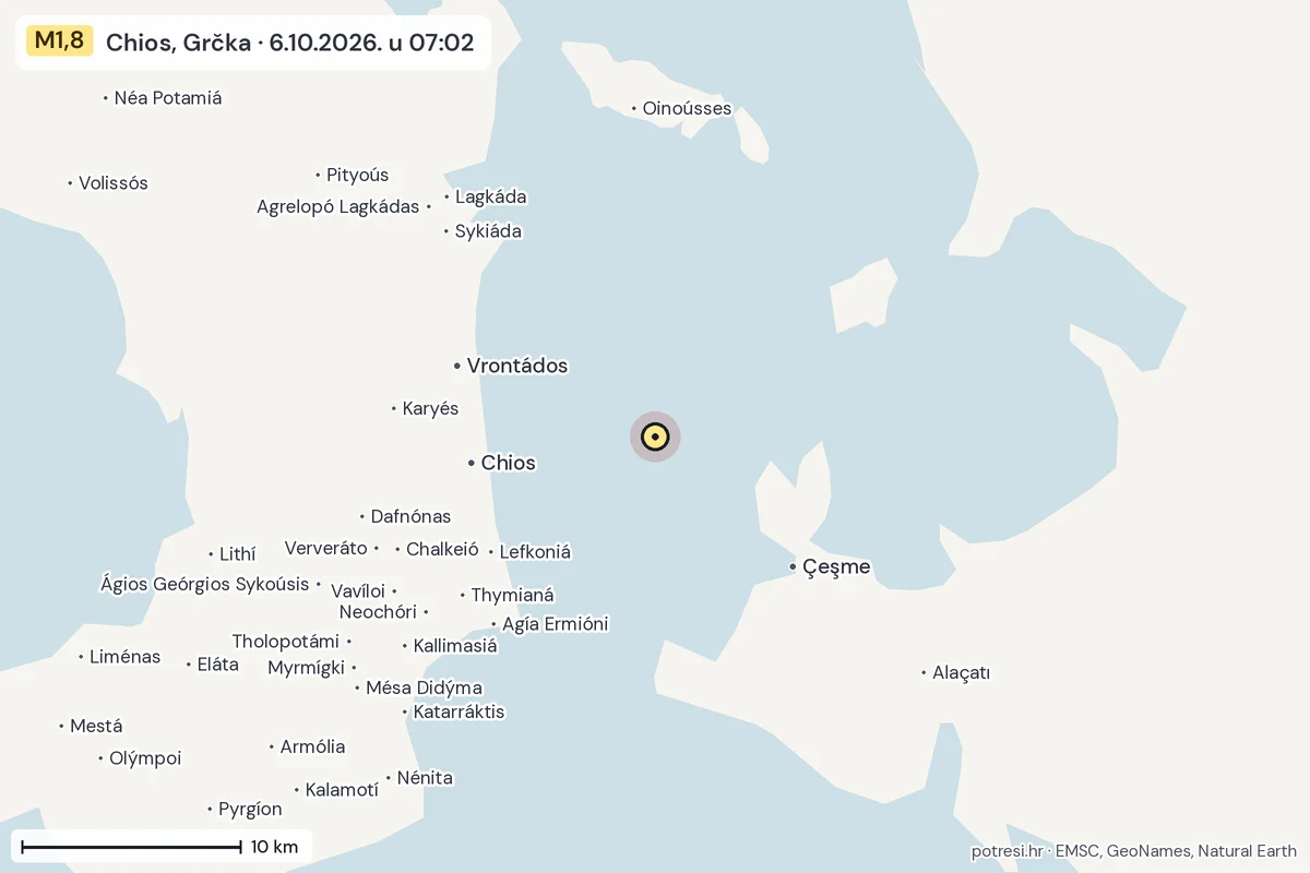 Karta: okolica epicentra, 60 km, potres M1,8, Chios, Grčka, 6.10.2026.