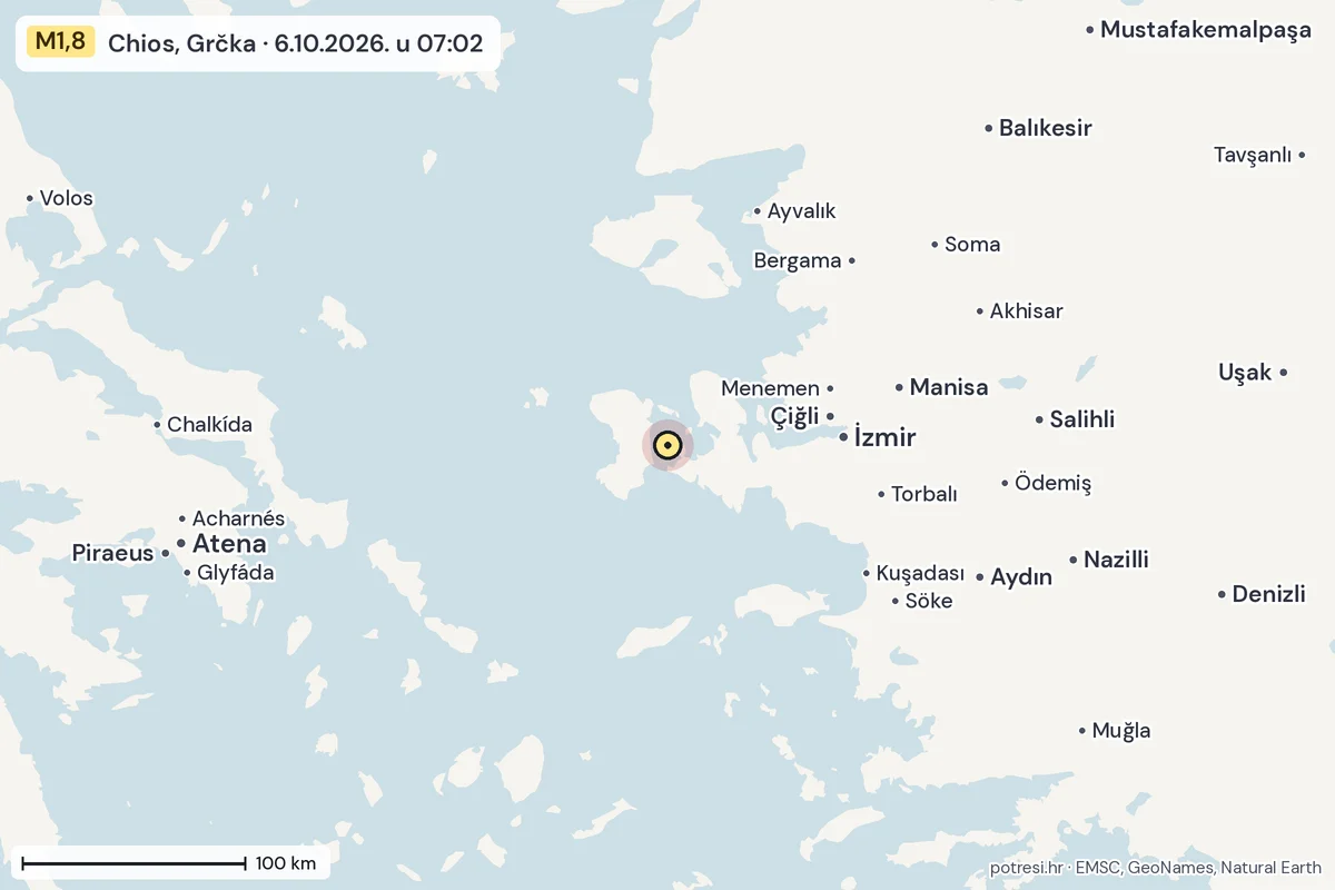 Karta: šire područje, 600 km, potres M1,8, Chios, Grčka, 6.10.2026.