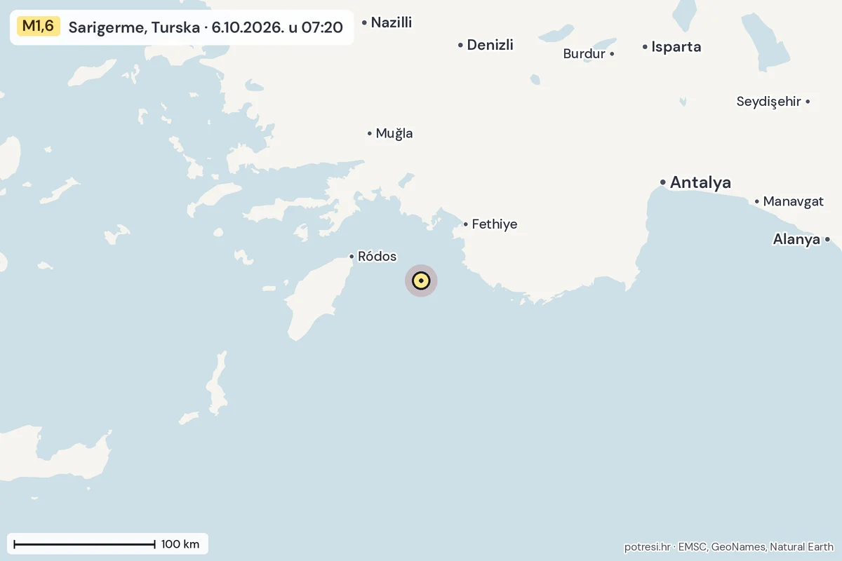 Karta: šire područje, 600 km, potres M1,6, Sarigerme, Turska, 6.10.2026.