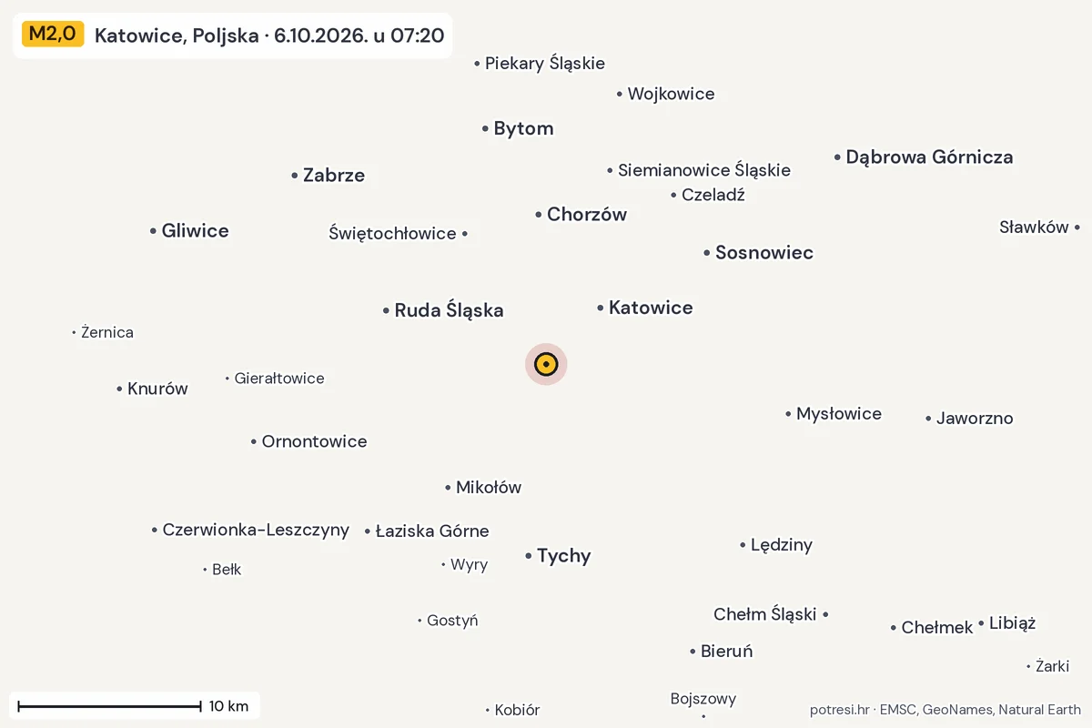 Karta: okolica epicentra, 60 km, potres M2,0, Katowice, Poljska, 6.10.2026.