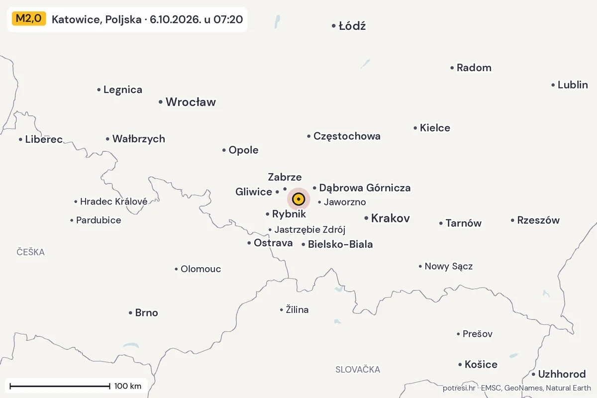 Karta: šire područje, 600 km, potres M2,0, Katowice, Poljska, 6.10.2026.