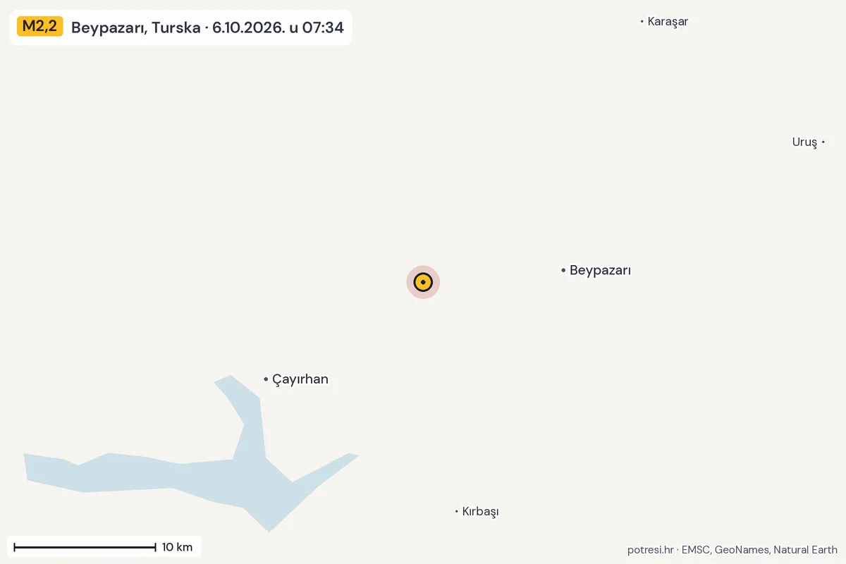Karta: okolica epicentra, 60 km, potres M2,2, Beypazarı, Turska, 6.10.2026.