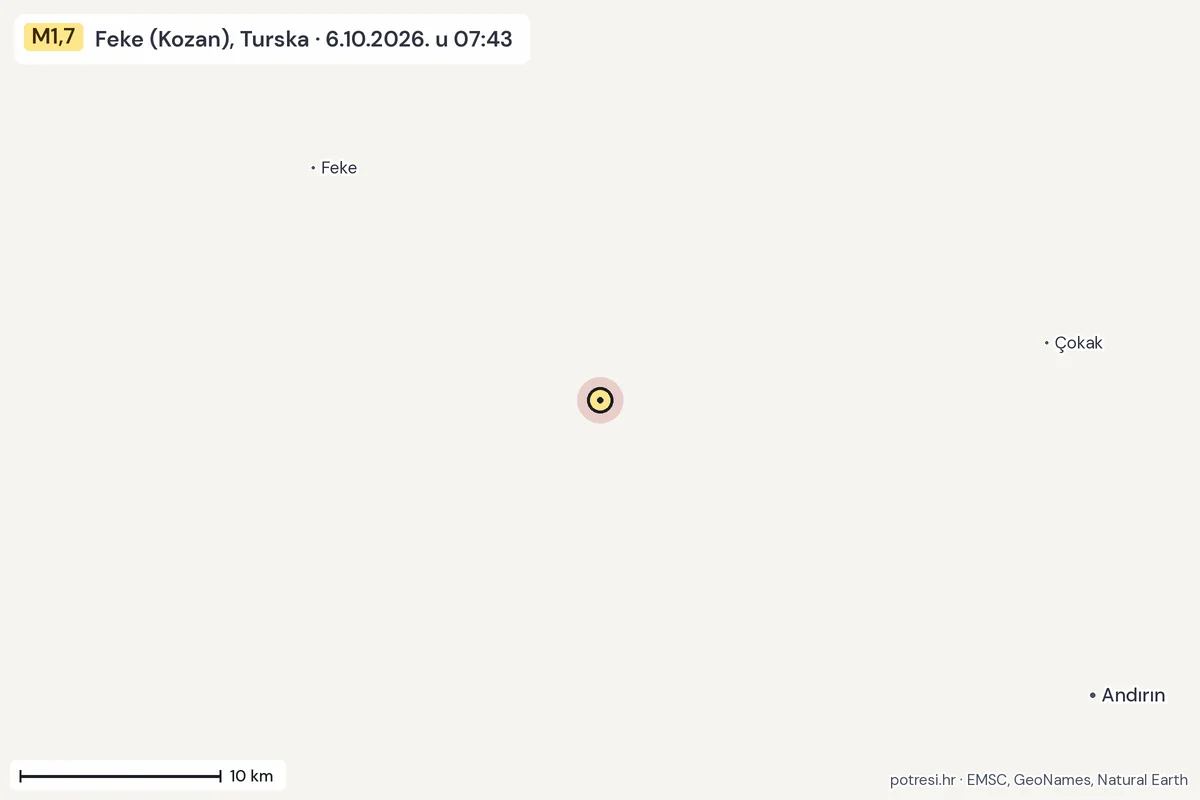 Karta: okolica epicentra, 60 km, potres M1,7, Feke (Kozan), Turska, 6.10.2026.