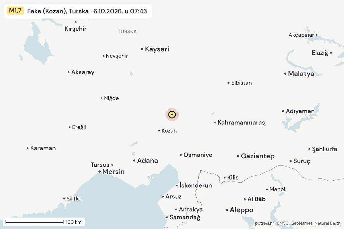 Karta: šire područje, 600 km, potres M1,7, Feke (Kozan), Turska, 6.10.2026.