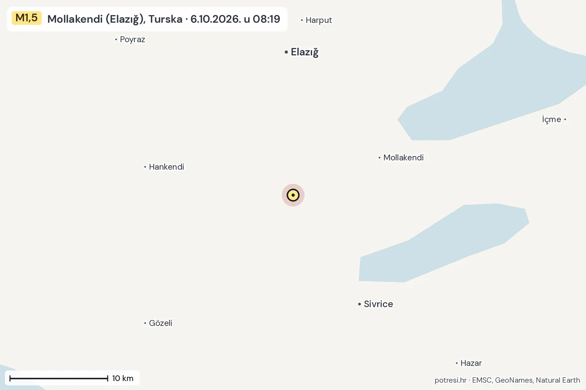 Karta: okolica epicentra, 60 km, potres M1,5, Mollakendi (Elazığ), Turska, 6.10.2026.
