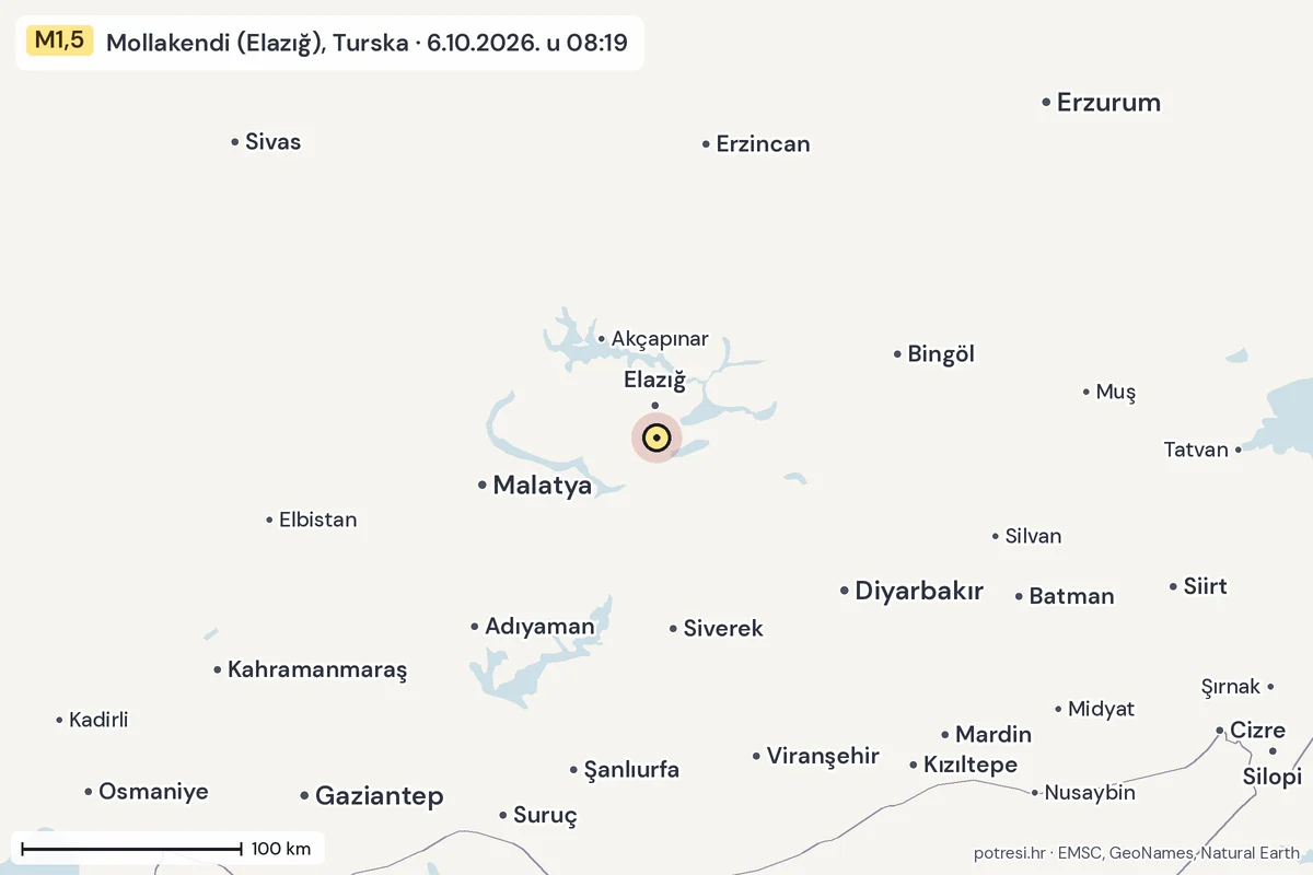 Karta: šire područje, 600 km, potres M1,5, Mollakendi (Elazığ), Turska, 6.10.2026.