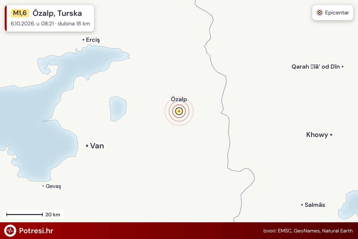 Karta: šire područje i vjerojatni doseg osjeta, potres M1,6, Özalp, Turska, 6.10.2026.