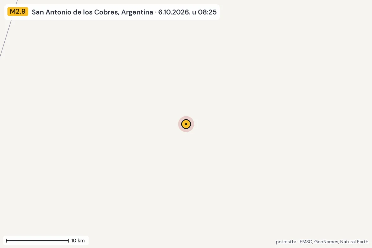 Karta: okolica epicentra, 60 km, potres M2,9, San Antonio de los Cobres, Argentina, 6.10.2026.