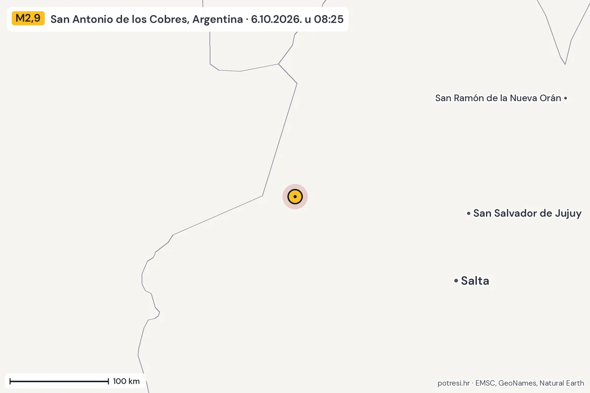 Karta: šire područje, 600 km, potres M2,9, San Antonio de los Cobres, Argentina, 6.10.2026.