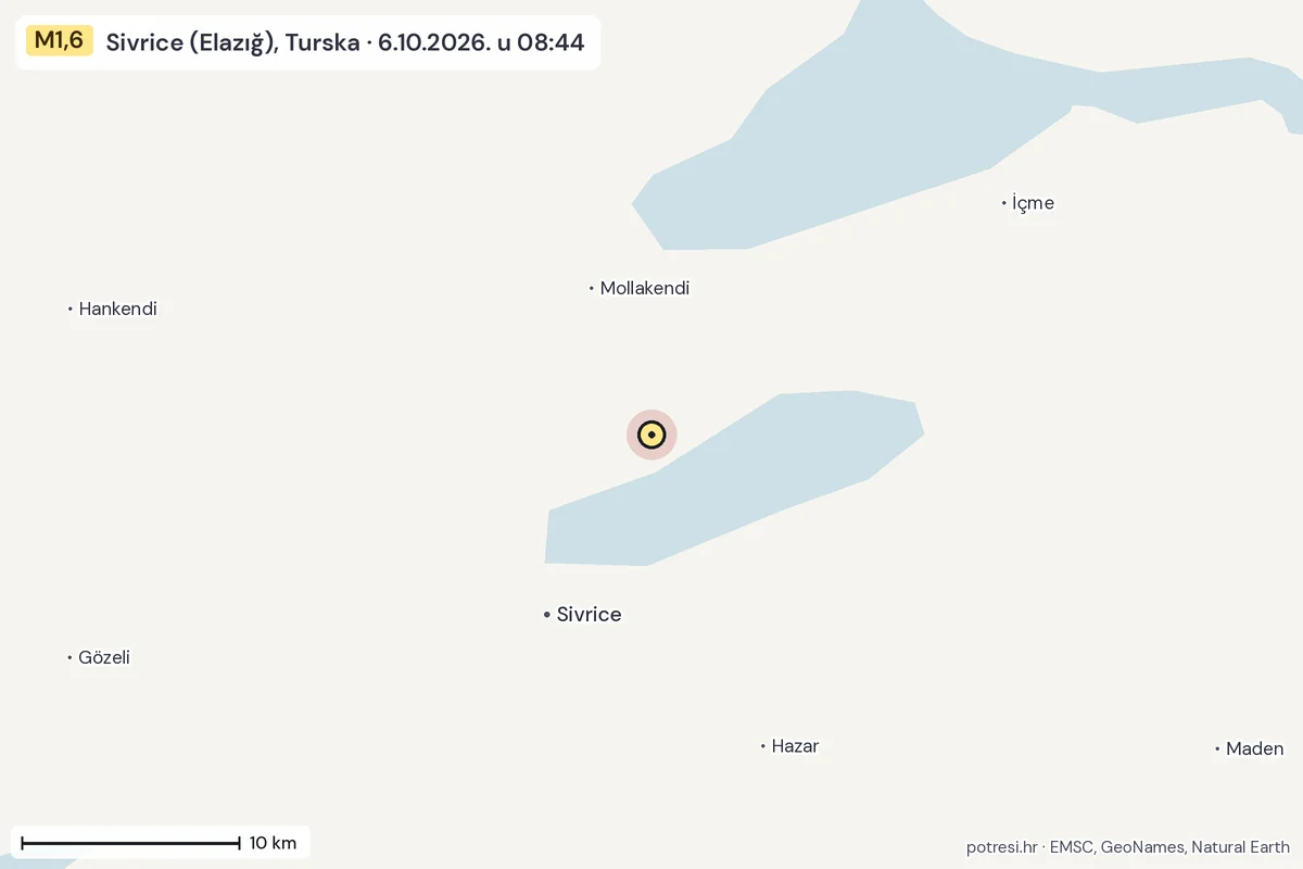 Karta: okolica epicentra, 60 km, potres M1,6, Sivrice (Elazığ), Turska, 6.10.2026.