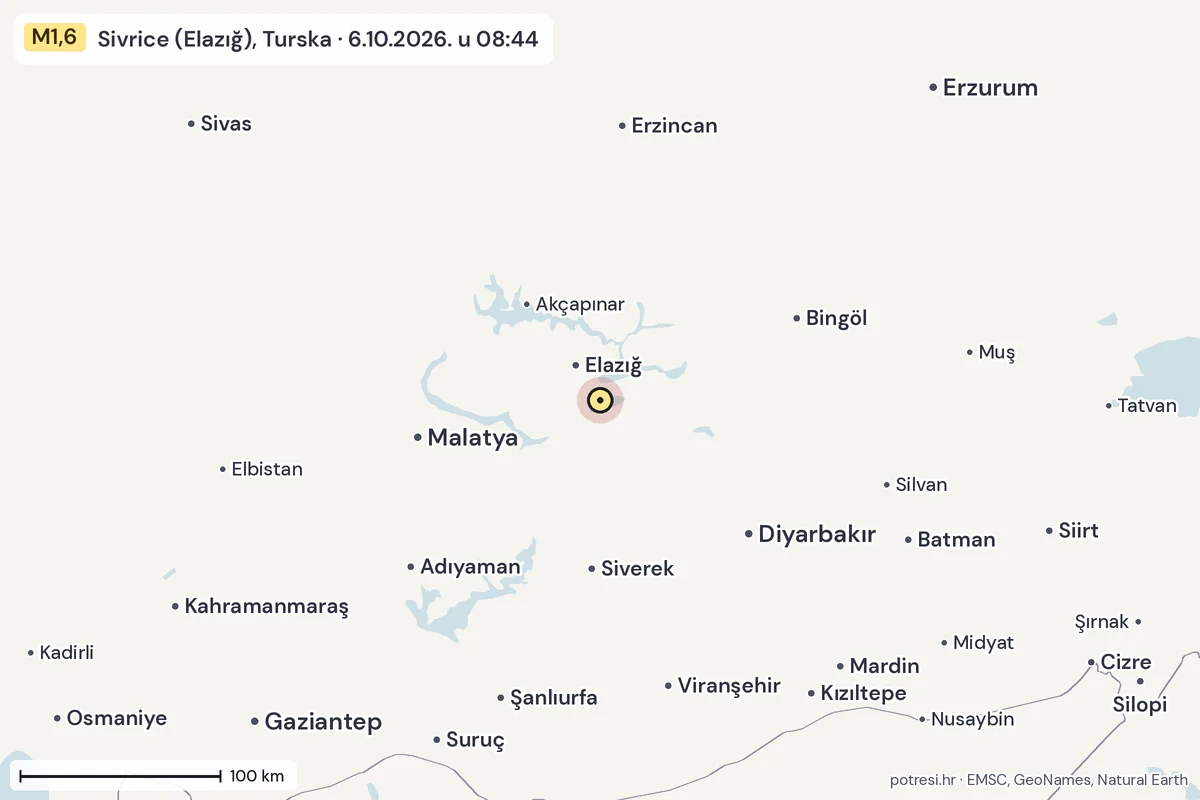 Karta: šire područje, 600 km, potres M1,6, Sivrice (Elazığ), Turska, 6.10.2026.