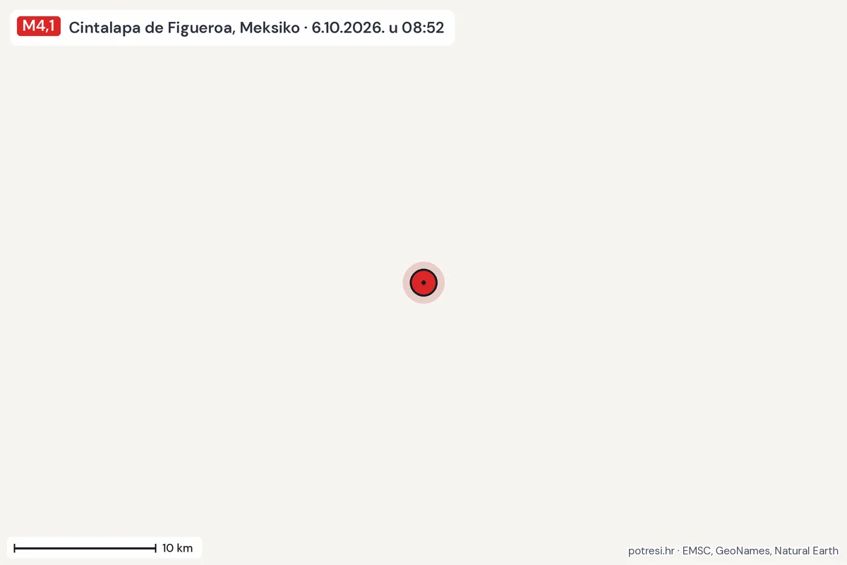 Karta: okolica epicentra, 60 km, potres M4,1, Cintalapa de Figueroa, Meksiko, 6.10.2026.