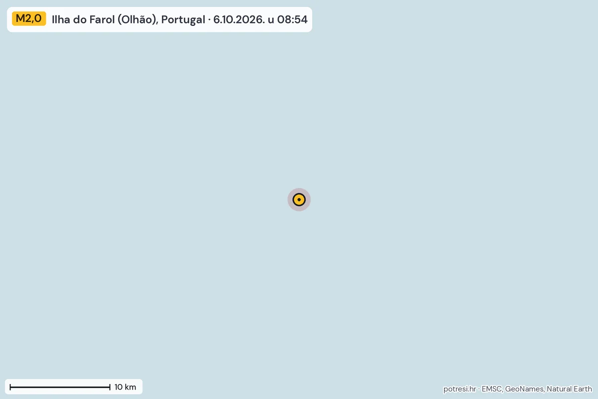 Karta: okolica epicentra, 60 km, potres M2,0, Ilha do Farol (Olhão), Portugal, 6.10.2026.