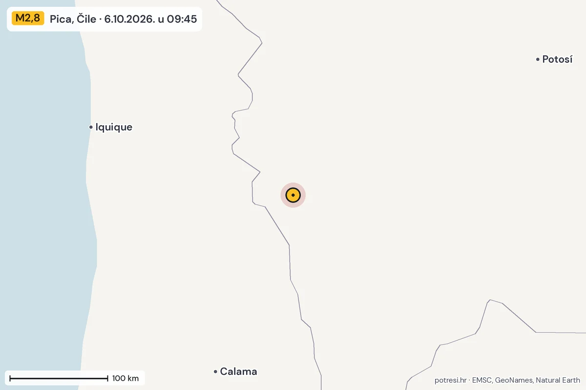Karta: šire područje, 600 km, potres M2,8, Pica, Čile, 6.10.2026.