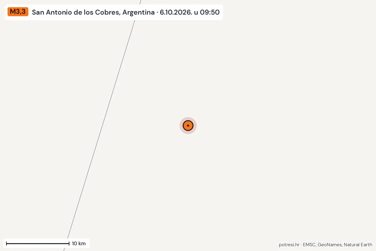 Karta: okolica epicentra, 60 km, potres M3,3, San Antonio de los Cobres, Argentina, 6.10.2026.