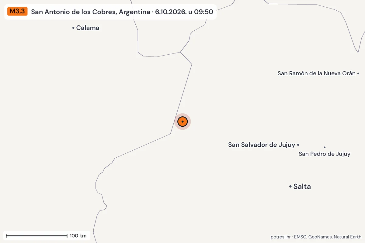 Karta: šire područje, 600 km, potres M3,3, San Antonio de los Cobres, Argentina, 6.10.2026.