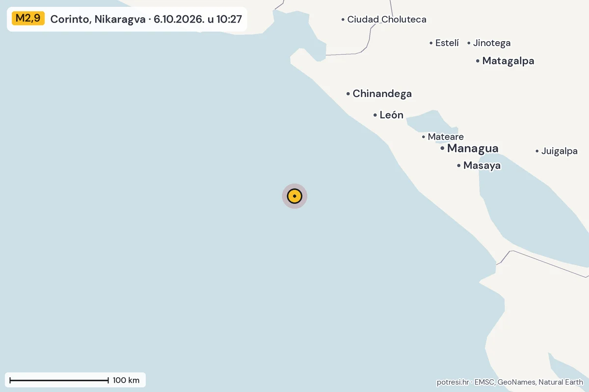 Karta: šire područje, 600 km, potres M2,9, Corinto, Nikaragva, 6.10.2026.