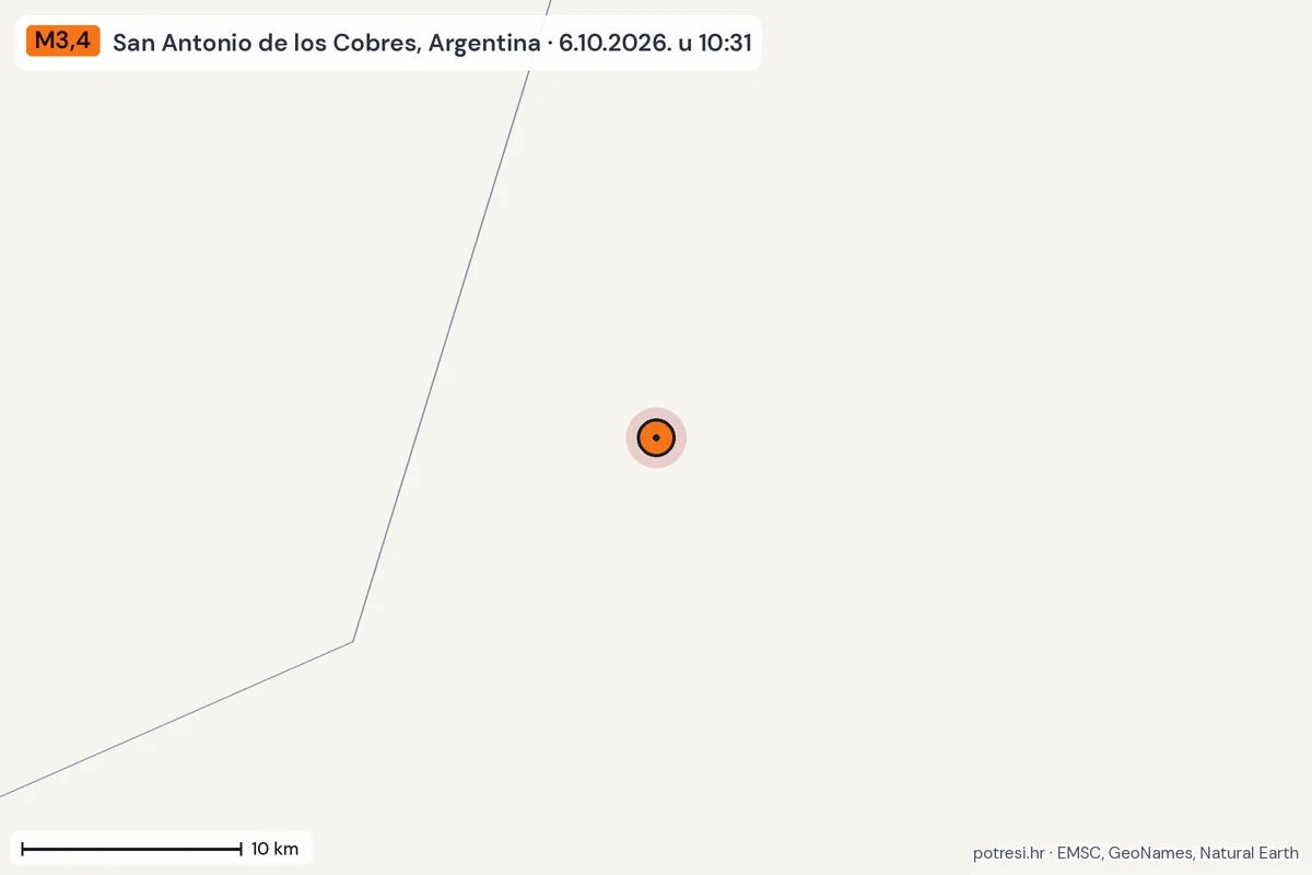 Karta: okolica epicentra, 60 km, potres M3,4, San Antonio de los Cobres, Argentina, 6.10.2026.