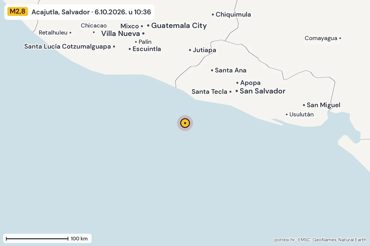 Karta: šire područje, 600 km, potres M2,8, Acajutla, Salvador, 6.10.2026.