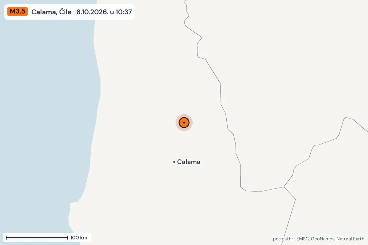 Karta: šire područje, 600 km, potres M3,5, Calama, Čile, 6.10.2026.