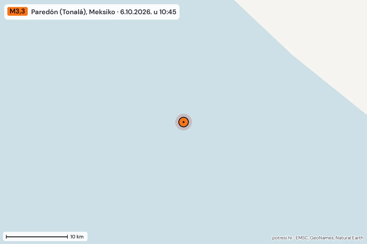 Karta: okolica epicentra, 60 km, potres M3,3, Paredón (Tonalá), Meksiko, 6.10.2026.