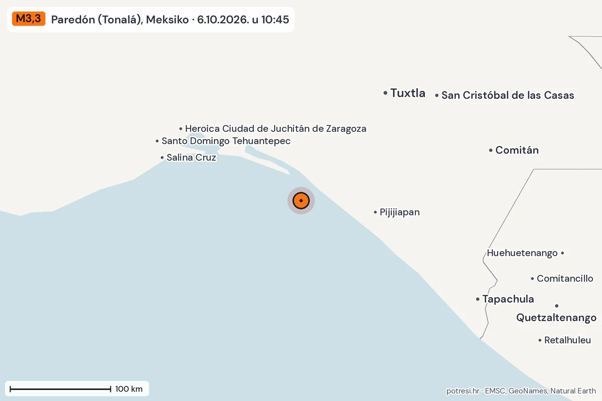 Karta: šire područje, 600 km, potres M3,3, Paredón (Tonalá), Meksiko, 6.10.2026.