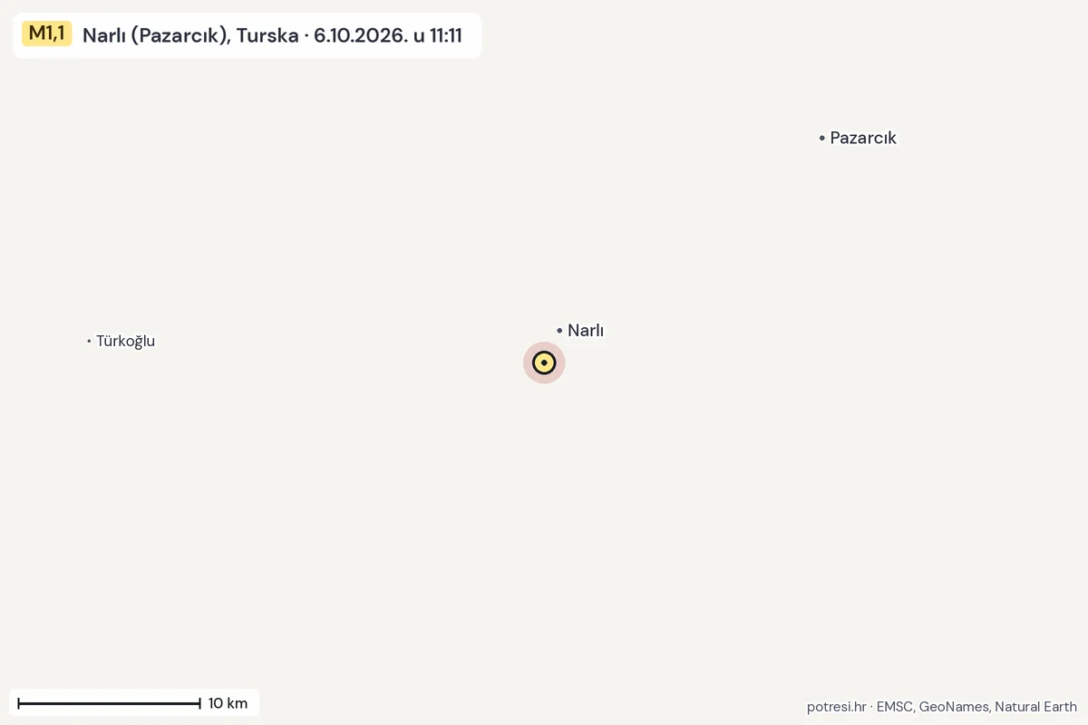 Karta: okolica epicentra, 60 km, potres M1,1, Narlı (Pazarcık), Turska, 6.10.2026.