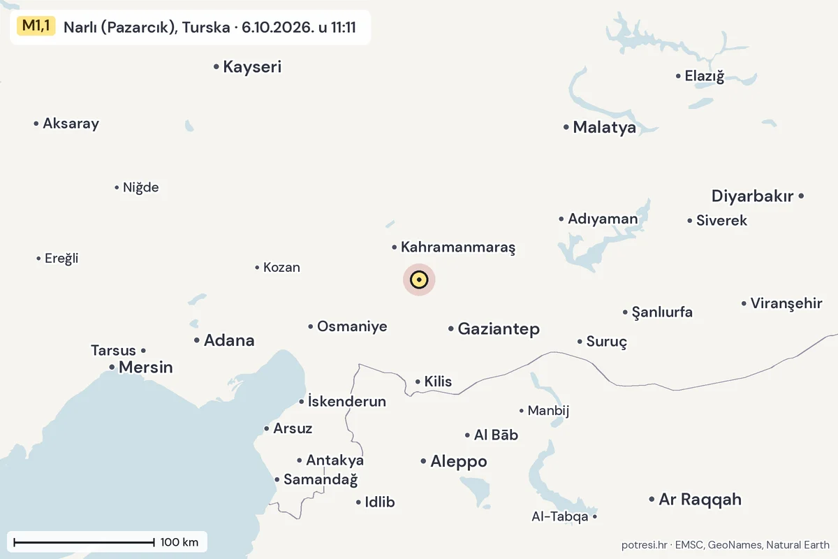 Karta: šire područje, 600 km, potres M1,1, Narlı (Pazarcık), Turska, 6.10.2026.