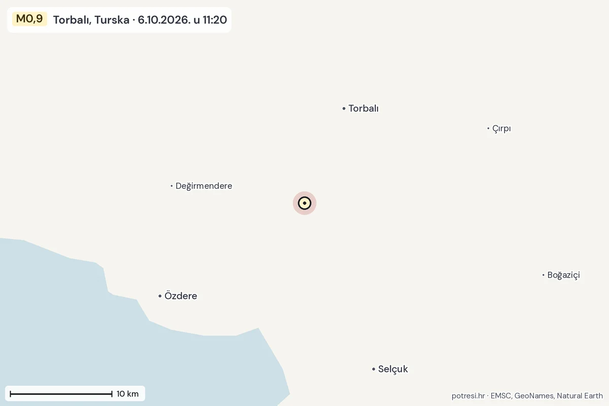 Karta: okolica epicentra, 60 km, potres M0,9, Torbalı, Turska, 6.10.2026.