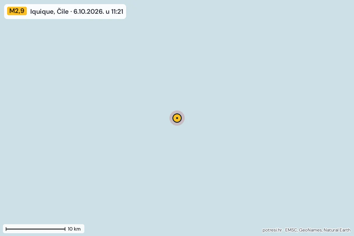 Karta: okolica epicentra, 60 km, potres M2,9, Iquique, Čile, 6.10.2026.