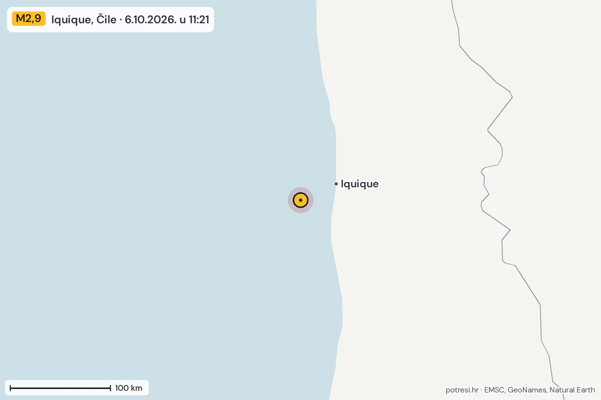 Karta: šire područje, 600 km, potres M2,9, Iquique, Čile, 6.10.2026.