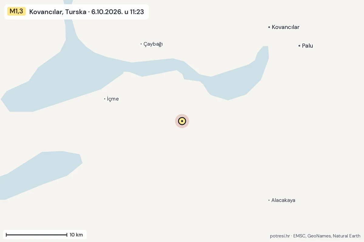 Karta: okolica epicentra, 60 km, potres M1,3, Kovancılar, Turska, 6.10.2026.