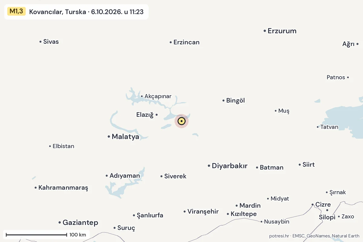 Karta: šire područje, 600 km, potres M1,3, Kovancılar, Turska, 6.10.2026.