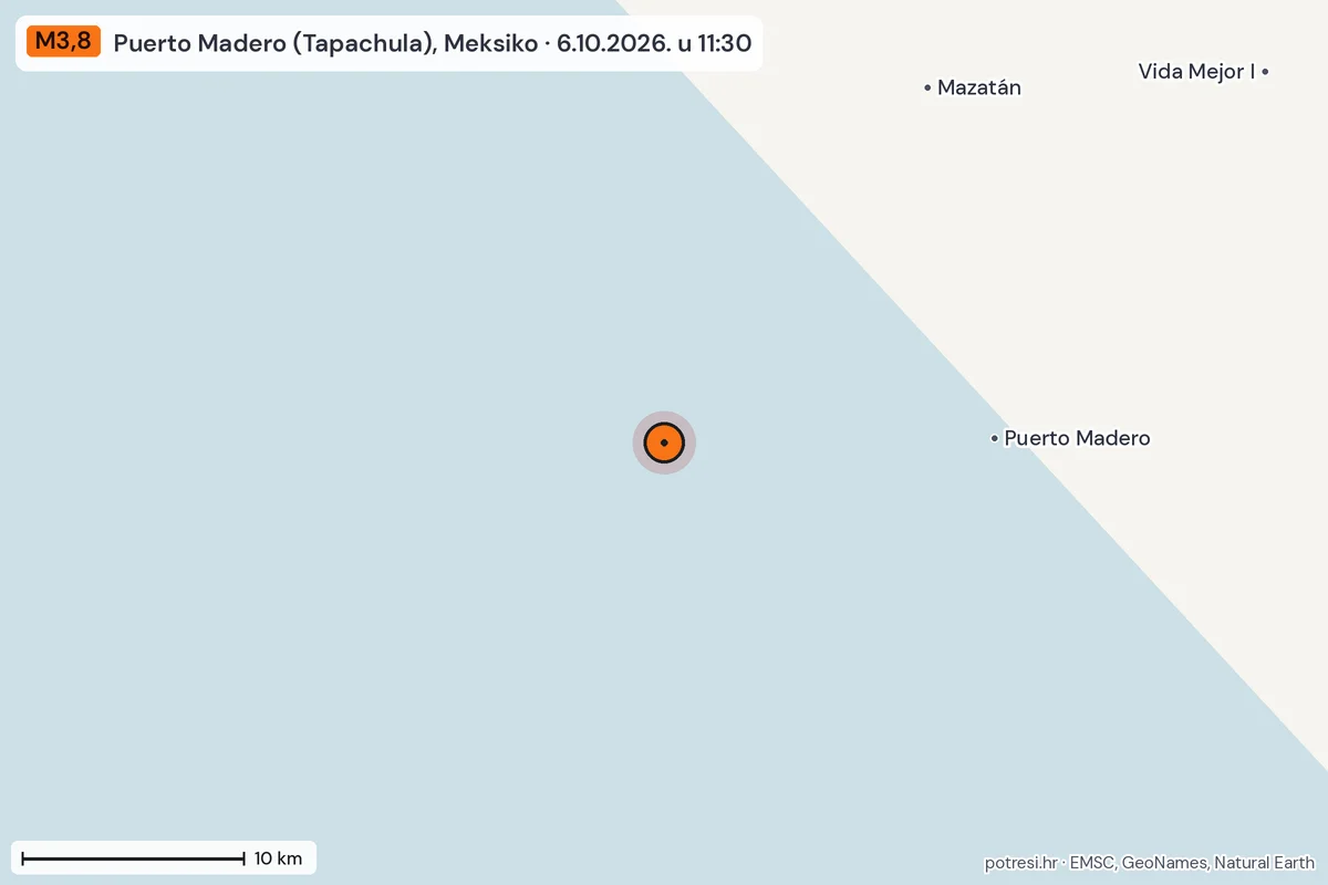 Karta: okolica epicentra, 60 km, potres M3,8, Puerto Madero (Tapachula), Meksiko, 6.10.2026.